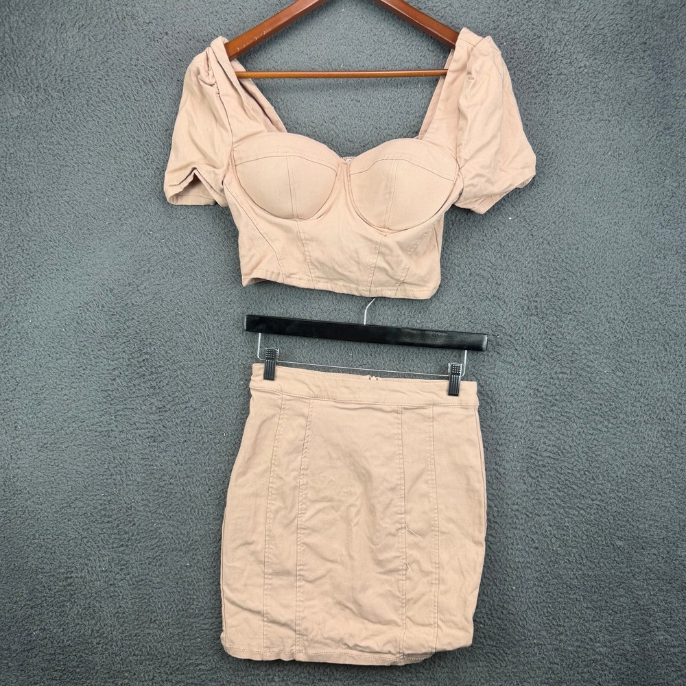 Haute Monde Women Pink Denim Two Piece Set Bustier Crop Top and Mini Skirt L